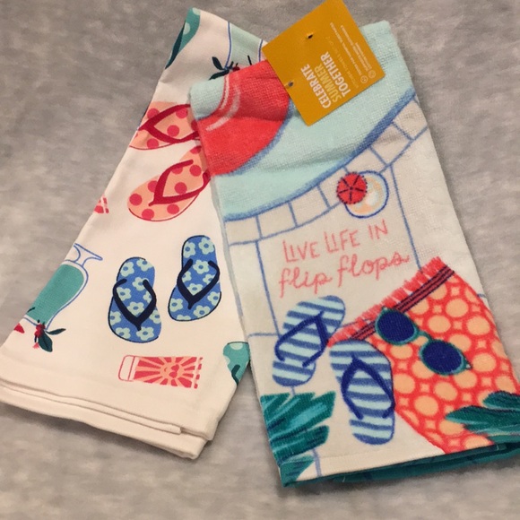 Live Life in Flip Flops Beach Pool Summer Kitchen Towels Set of 2 NWT Cotton - Picture 2 of 15